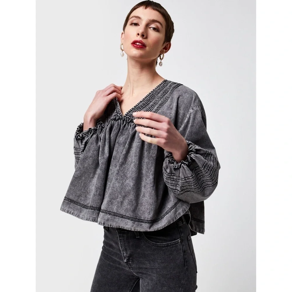 Free People Charlotte Gray Acid Denim Blouse Puff Sleeves XS Boho